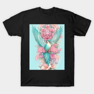 Teal bird with pink flowers T-Shirt